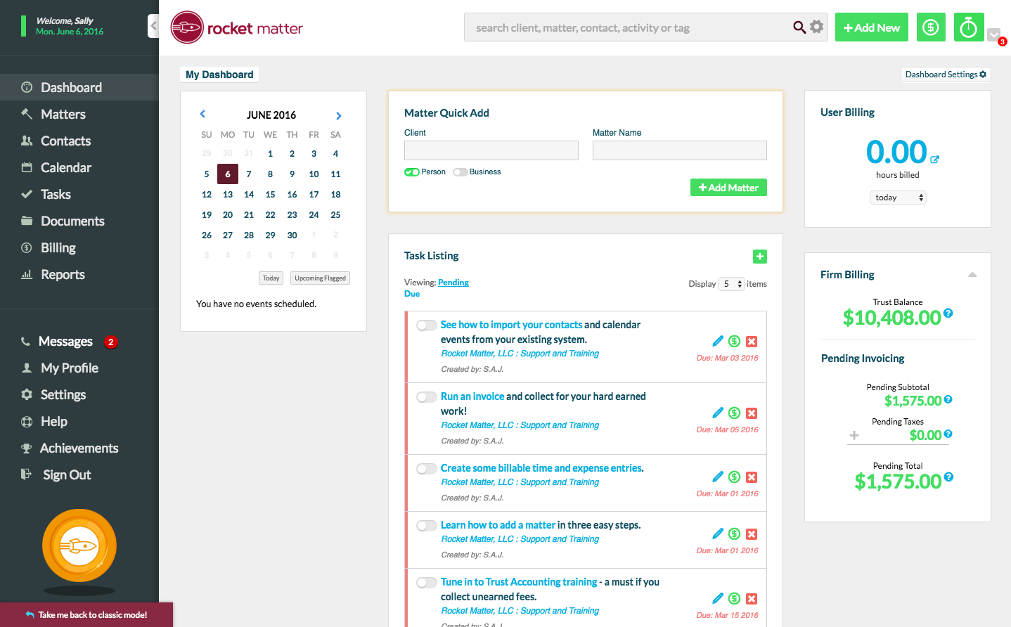 The Rocket Matter customizable user dashboard