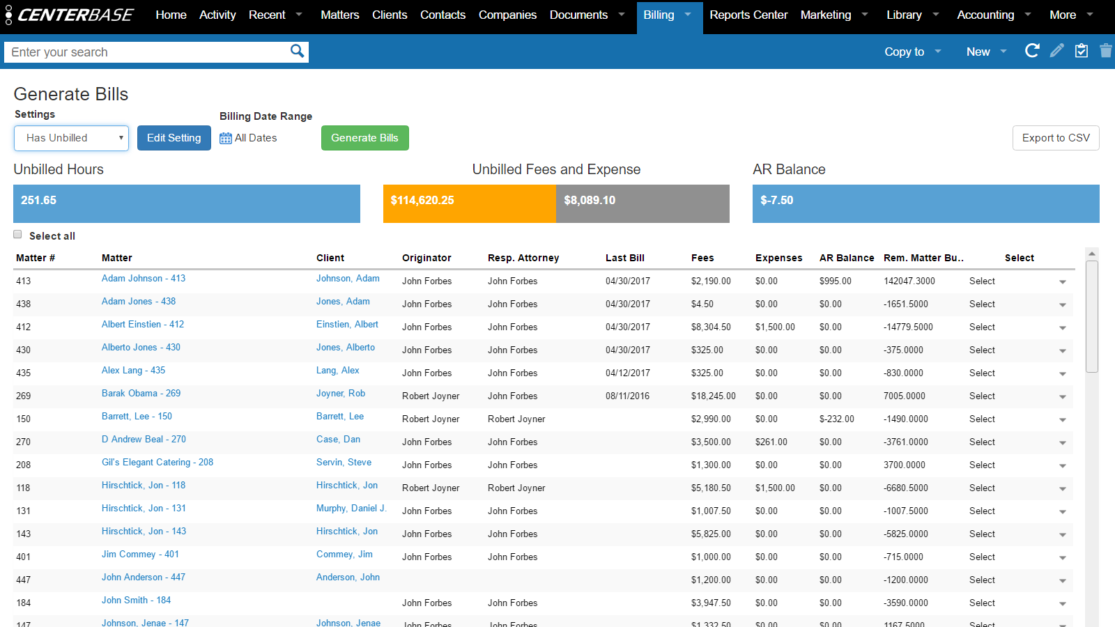 Generate Bills Page - Generating invoices is quick and easy in Centerbase. Customize your billable clients page to match the way you generate invoices.  