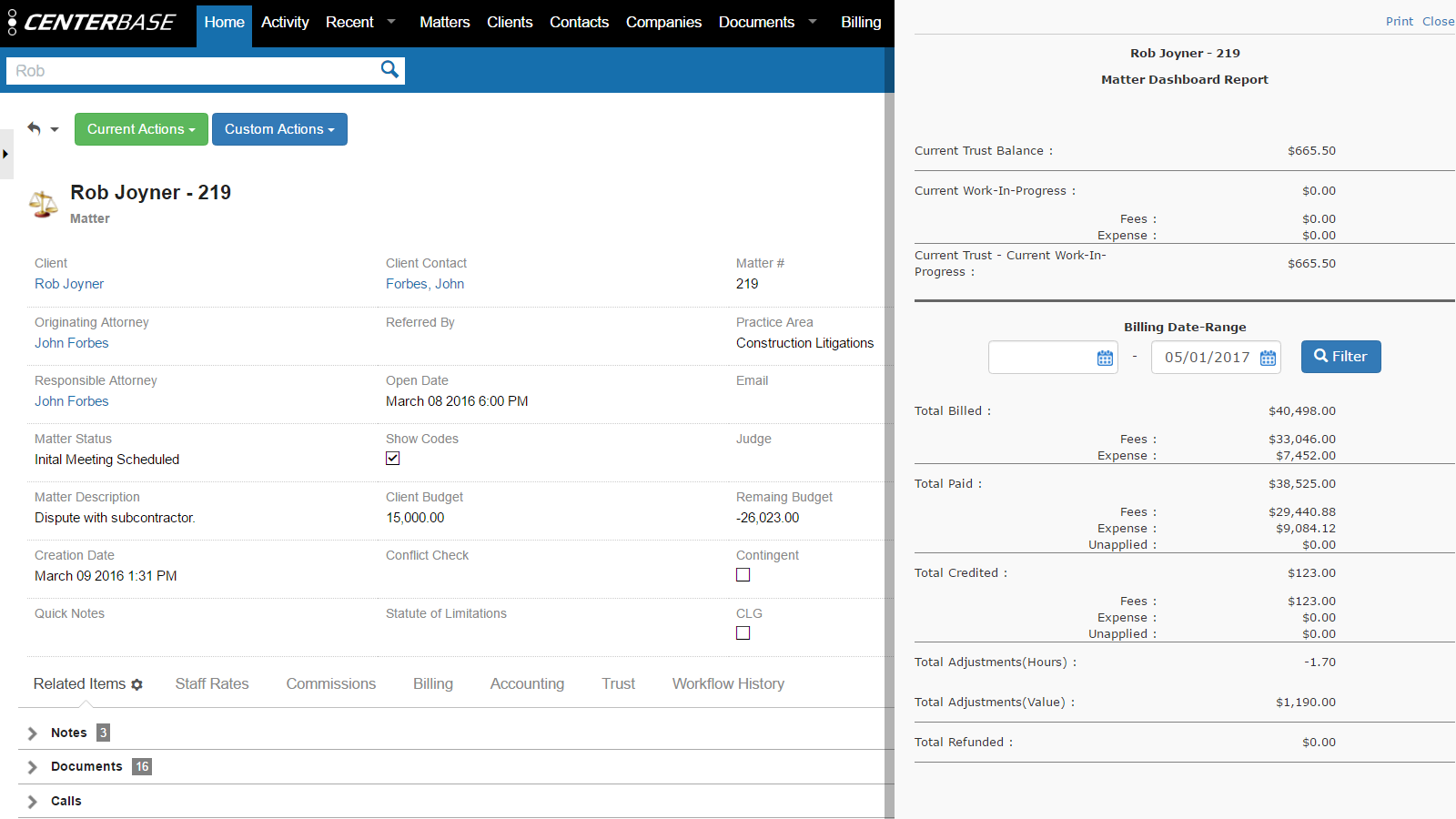 Matter Dashboard - Attorneys can easily access an overview of their matter status at any time.